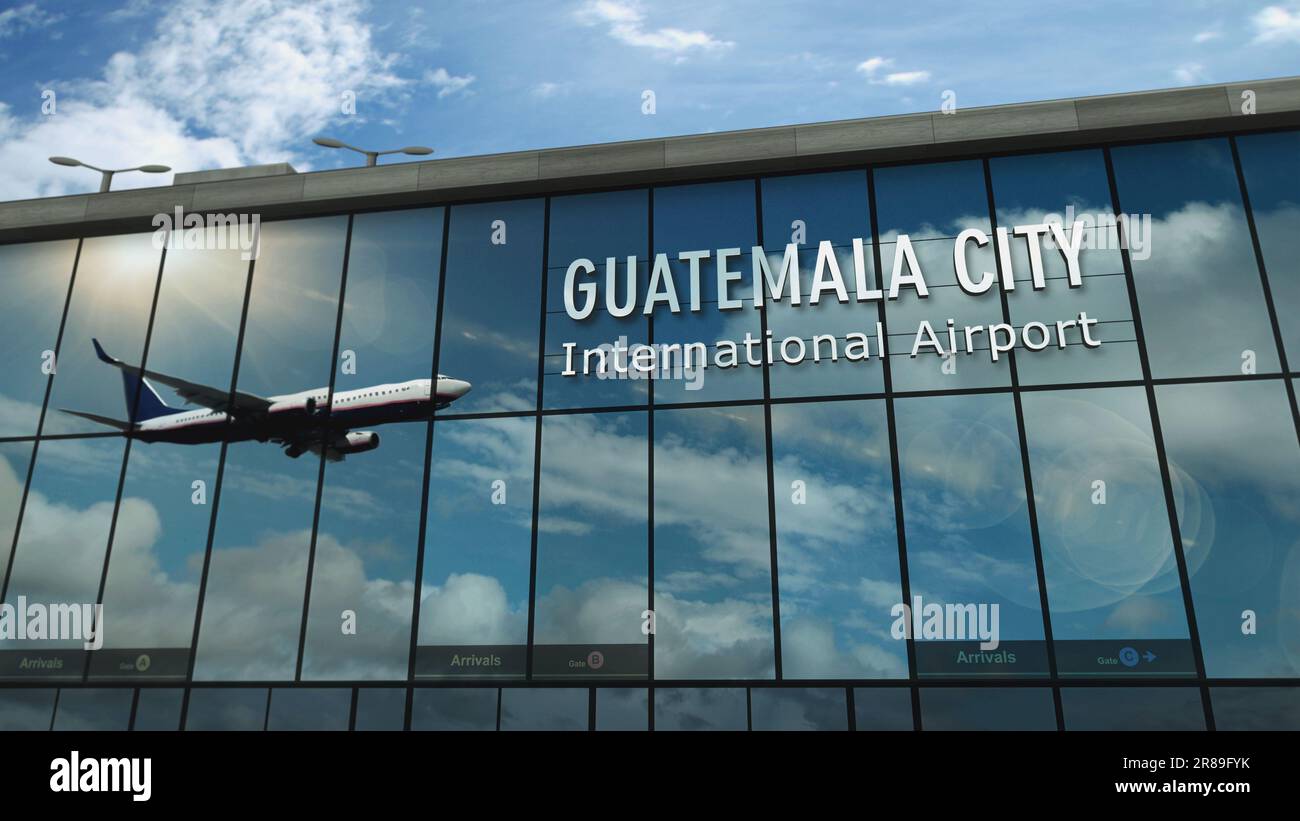 Flugzeuglandung in Guatemala City, Guatemala 3D-Darstellung. Ankunft in der Stadt mit dem gläsernen Flughafenterminal und Reflektion von Jet pla Stockfoto