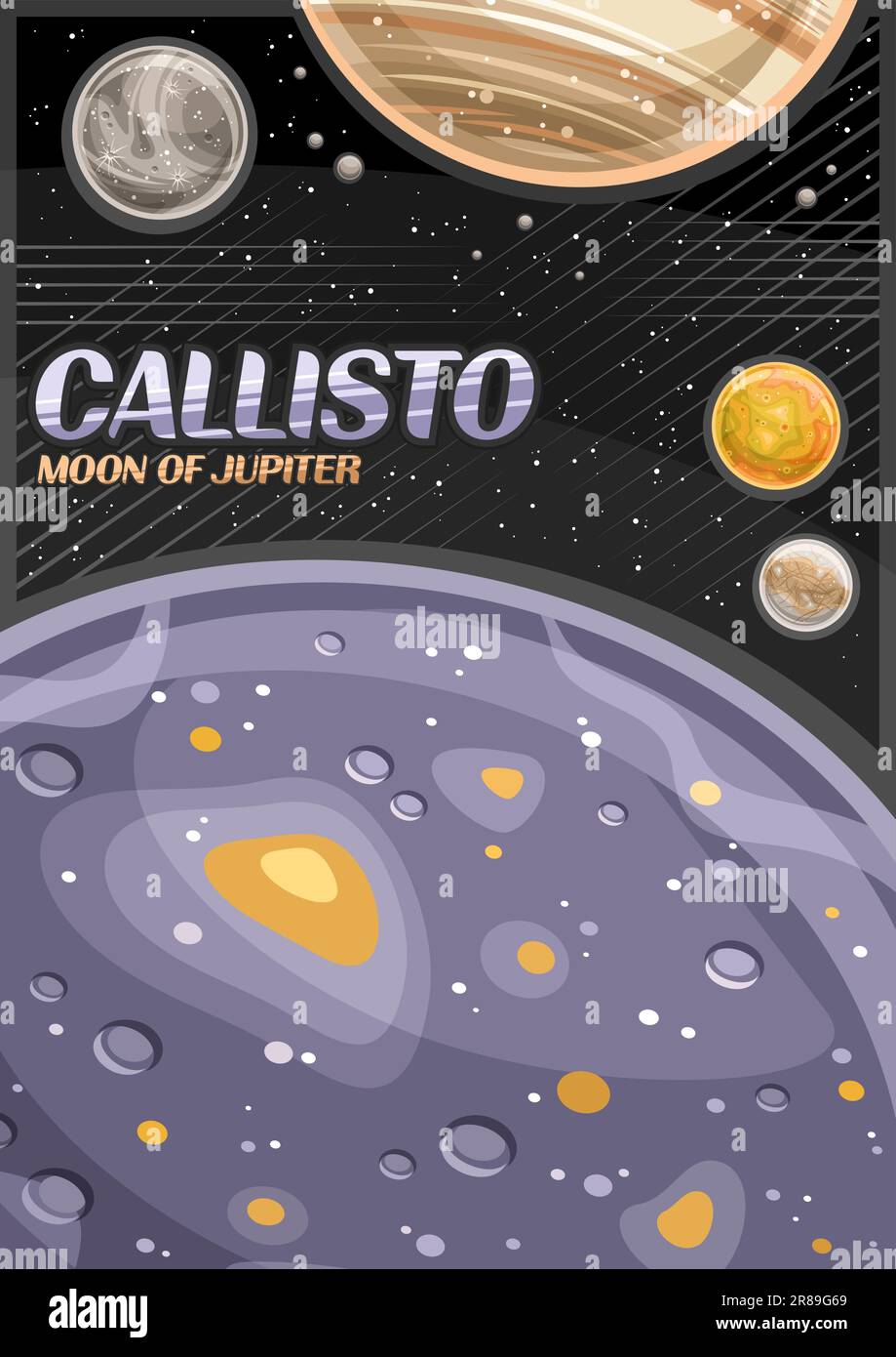Vektorposter für Callisto, vertikales Banner mit Abbildung eines rotierenden Mondes callisto um den Cartoon-jupiter-Planeten auf schwarzem Sternenhintergrund, Cosmom Stock Vektor