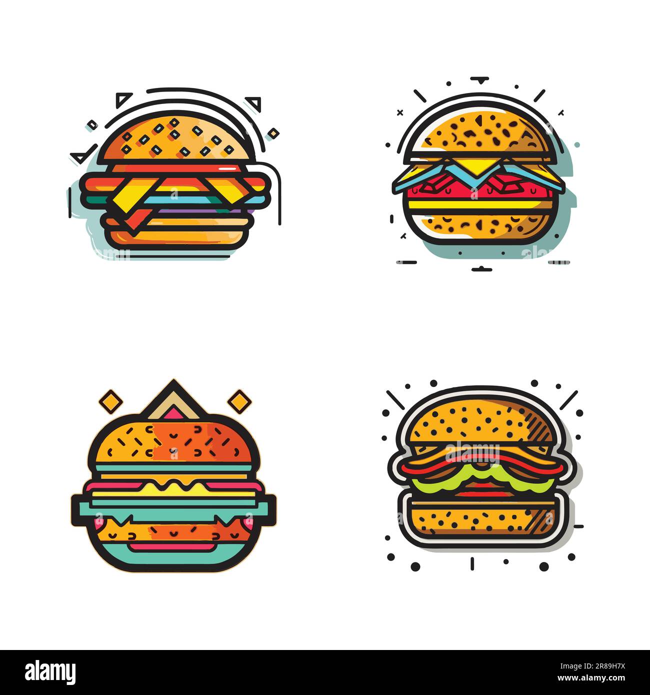 Handgezeichnetes Vintage-Hamburger-Logo im flachen Kunststil, isoliert auf dem Hintergrund Stock Vektor