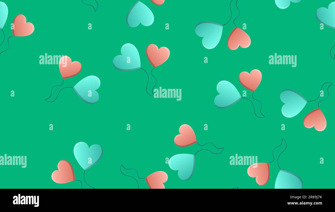 Endlose nahtlose Muster wunderschöner festlicher Liebe fröhliche zarte, herzförmige Ballons auf grünem Hintergrund. Vektordarstellung. Stock Vektor