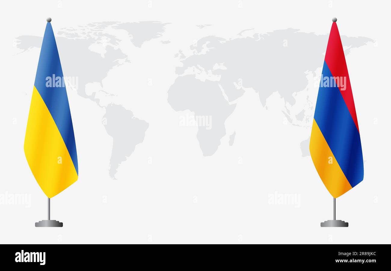 Flaggen der Ukraine und Armeniens für eine offizielle Tagung vor dem Hintergrund der Weltkarte. Stock Vektor