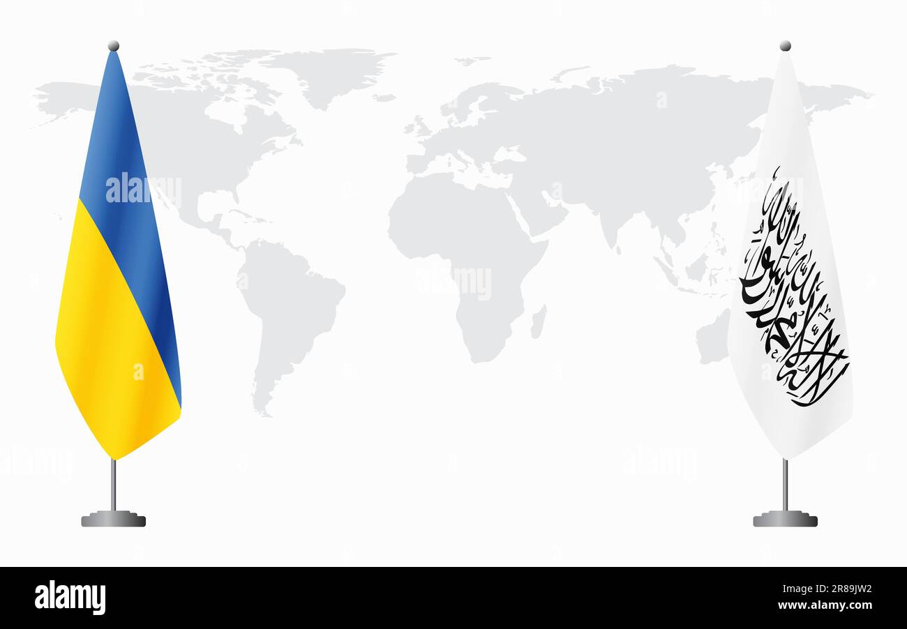 Flaggen der Ukraine und Afghanistans für offizielles Treffen vor dem Hintergrund der Weltkarte. Stock Vektor