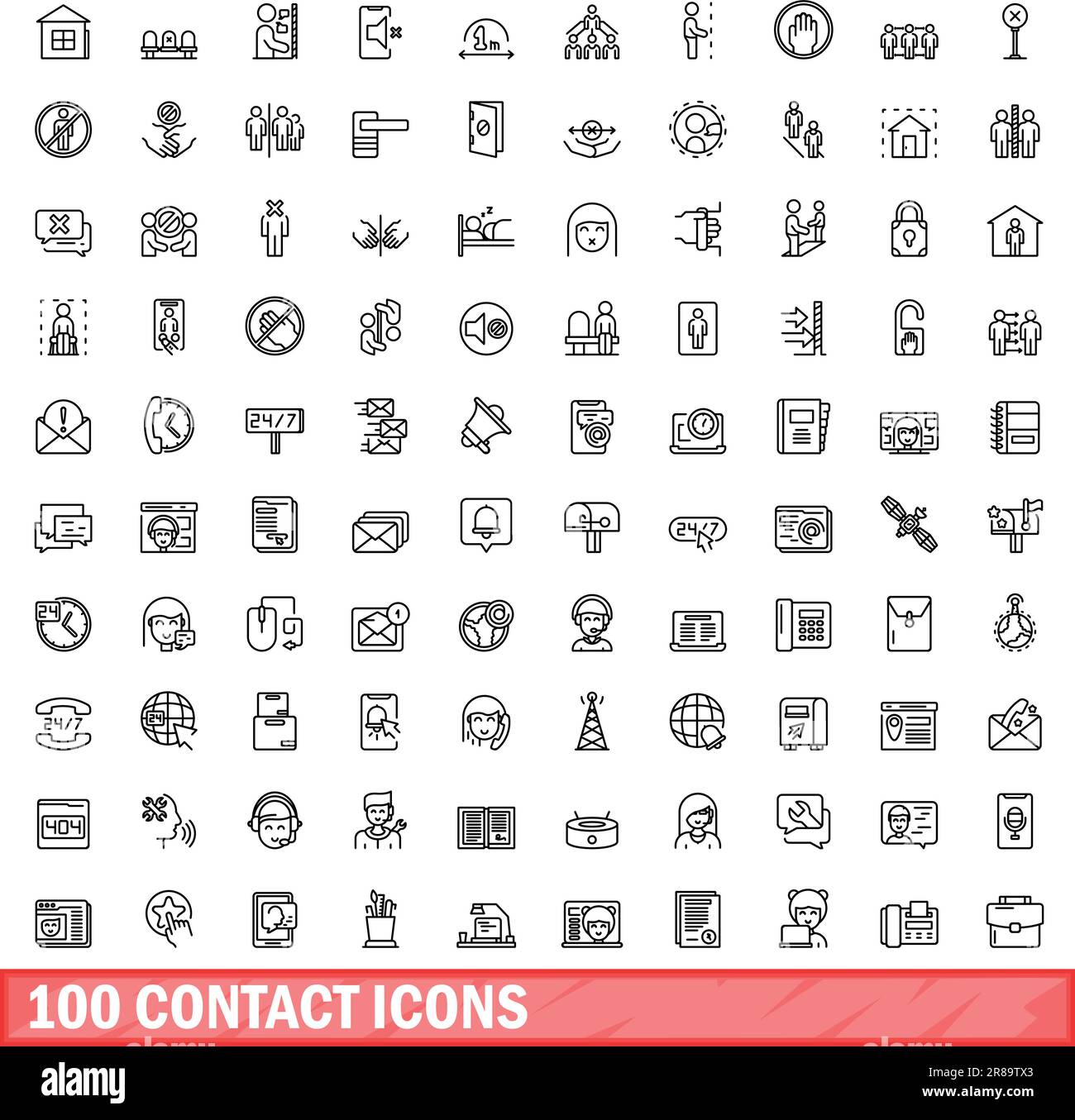 100 Kontaktsymbole eingestellt. Umrissdarstellung von 100-Kontaktsymbolen, die auf weißem Hintergrund isoliert sind Stock Vektor