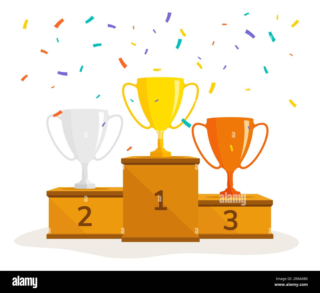 Siegerpodest mit Trophäenbechern und Konfetti. Hintergrund für die Nominierung des Vector-Preises. Stock Vektor