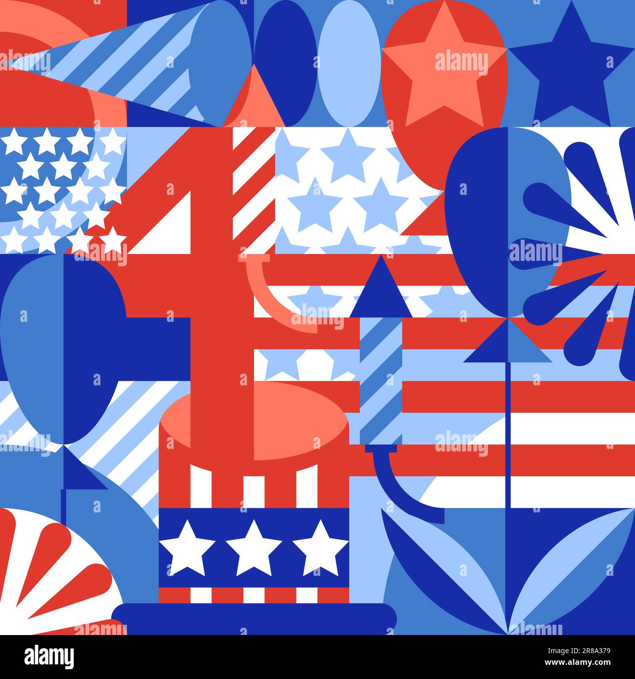 USA Feiertag 4. Juli Farbblock geometrisches Muster. Amerikanische Nationalflagge und Symbole, der Unabhängigkeitstag. Vektordruck-Hintergrund, Bann Stock Vektor