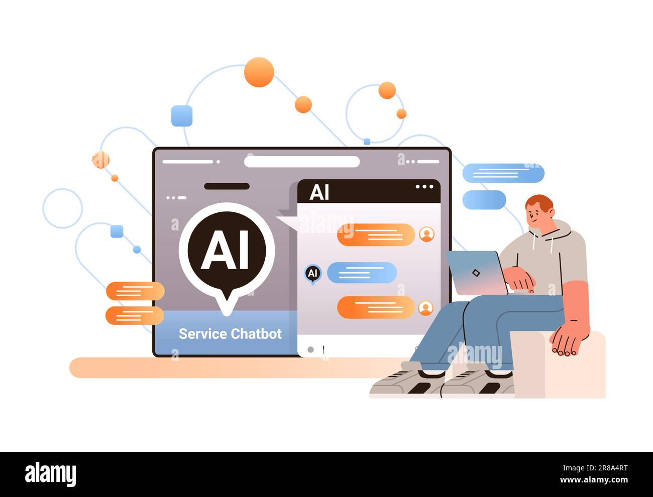 Ein Mann, der mit einem Chat-bot im Dialog steht und Fragen stellt und Antworten erhält, ist beim Kundenservice von Chatbot-Support behilflich Stock Vektor