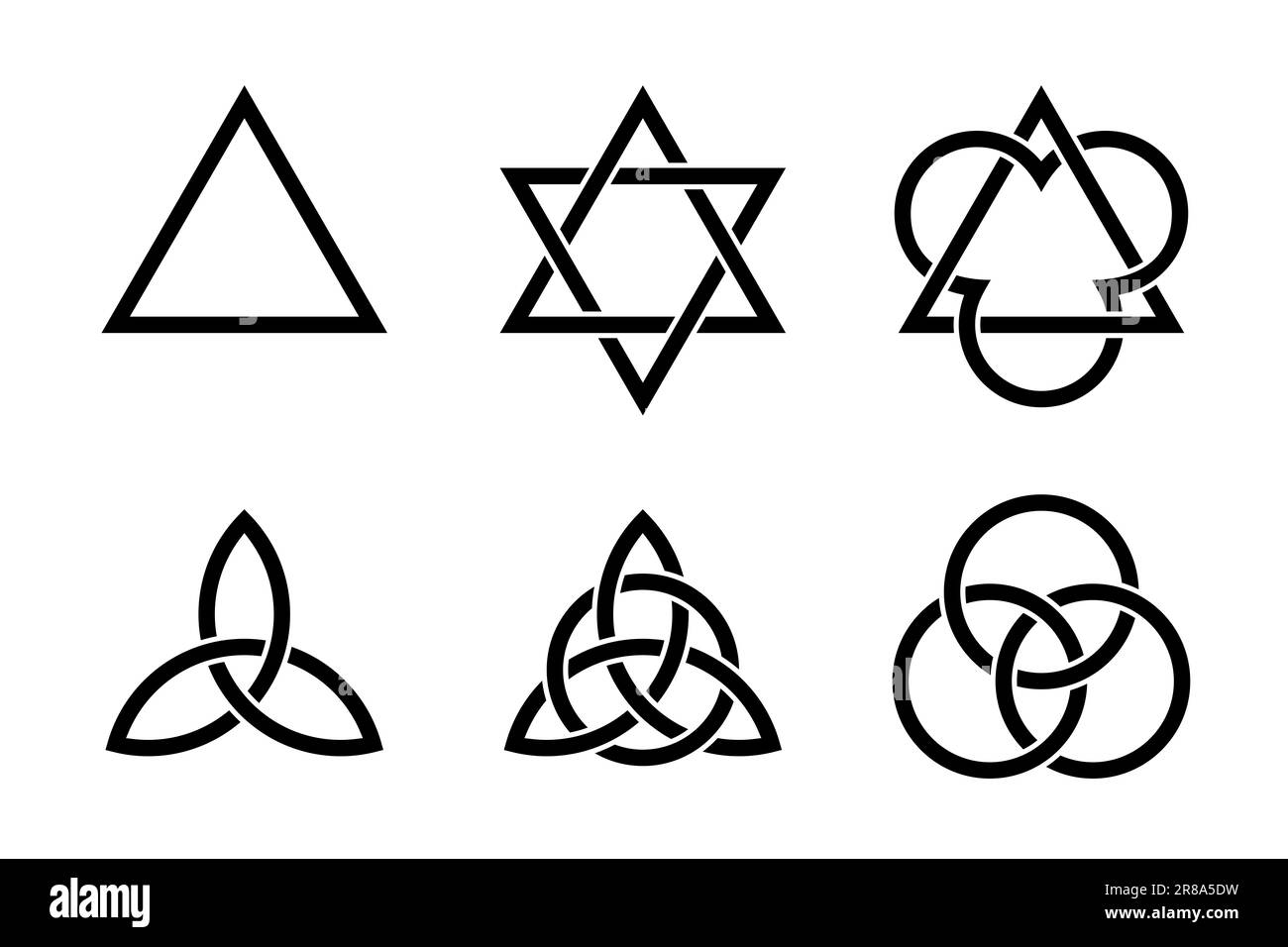 Dreifaltigkeitssymbole. Uralte Christen und Symbole, geformt durch Dreiecke, keltische Triquetras und Kreise. Stockfoto