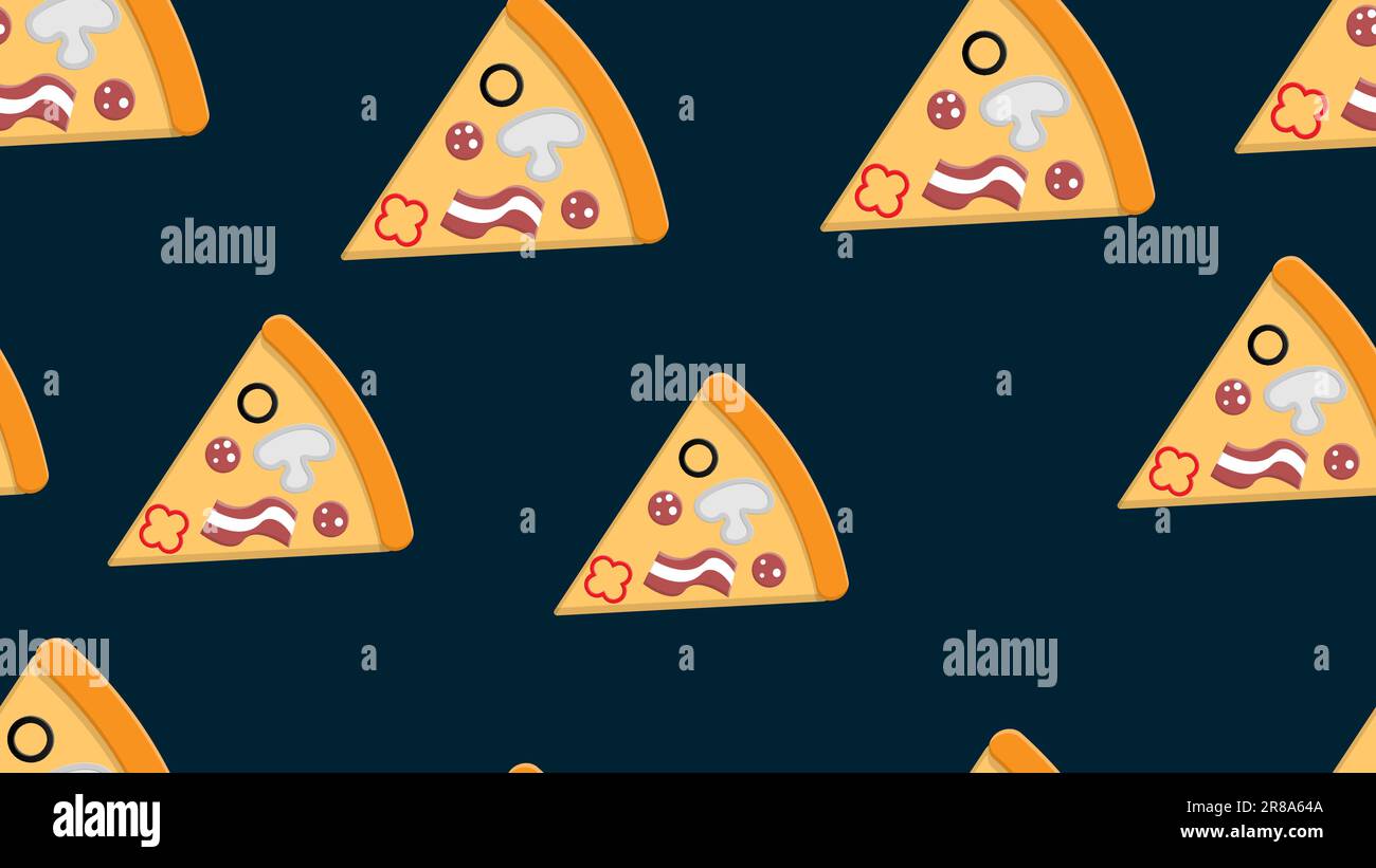 Pizza auf dünnem Teig, blauer Hintergrund, Vektordarstellung, Muster. Pizza gefüllt mit Fleisch und Kräutern, Käse. Design und Einrichtung der Küche Stock Vektor