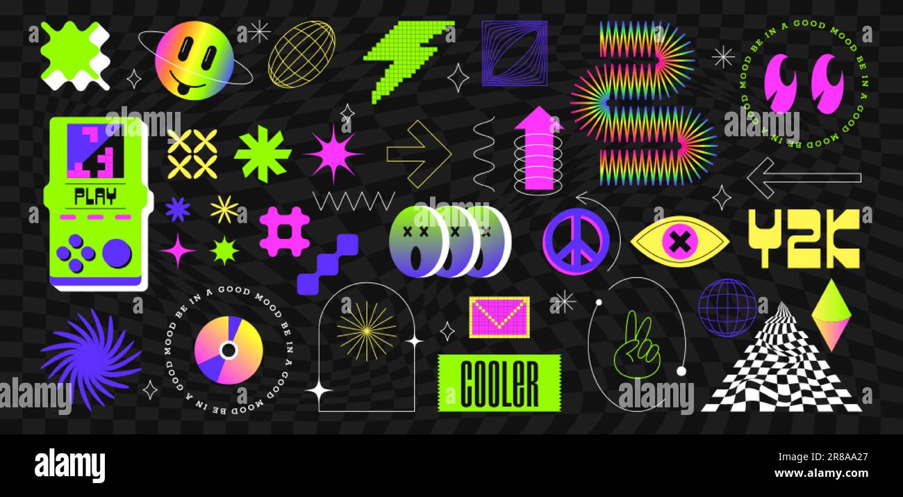 Vintage-Sticker, Rahmen und geometrisches, brutales Grafikdesign im Y2K-Stil. Gruppe abstrakter Vektorelemente und Symbole, die auf schwarzem Hintergrund isoliert sind. Neon-Retro-Figur, Etiketten und Gegenstände. Stock Vektor
