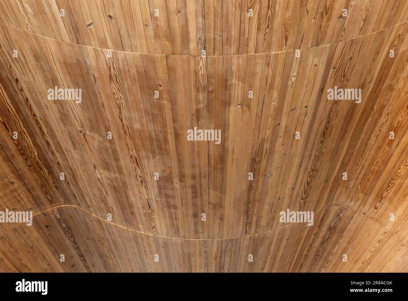 Gebogene Deckenstruktur aus Holzplanken, Hintergrundbild der Architektur Stockfoto