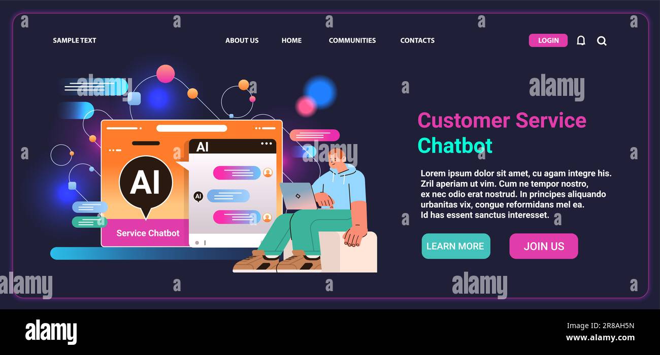 Ein Mann, der mit einem Chat-bot im Dialog steht und Fragen stellt und Antworten erhält, ist beim Kundenservice von Chatbot-Support behilflich Stock Vektor