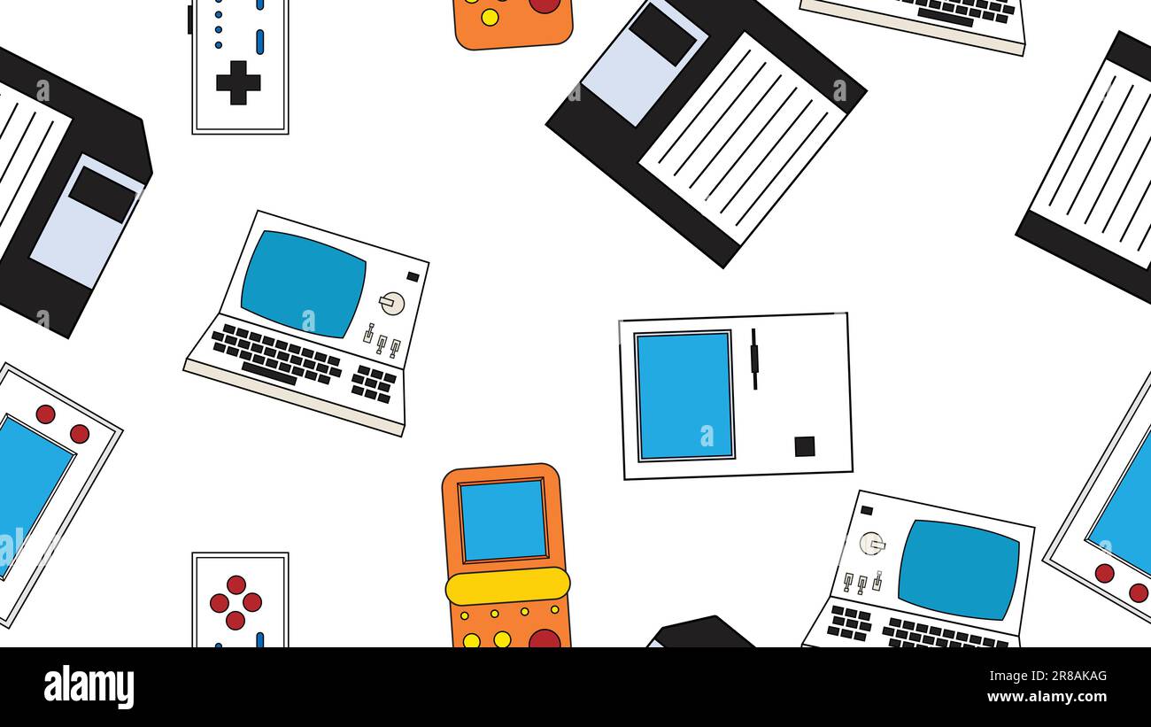 Nahtloses Muster endlos mit Elektronik und Technologie Computerspielkonsolen alter Retro-Hipster aus den Jahren 70s, 80s, 90s isoliert auf weißem Backgro Stock Vektor
