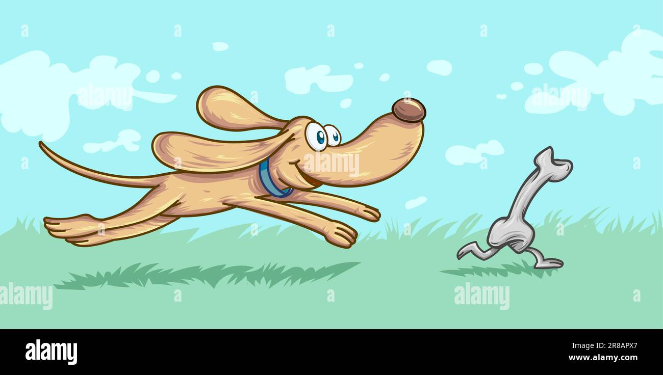 Der lustige Hund jagt einen Knochen im Park Stock Vektor