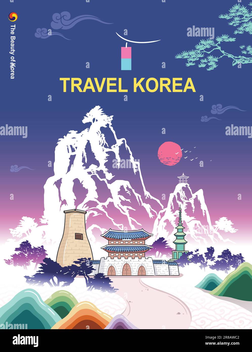 Wunderschöne Reise durch Korea, traditioneller Palast, Gwanghwamun, Wahrzeichen und natürliche Landschaft, Tintenmalerei, koreanischer traditioneller Malvektor. Stock Vektor