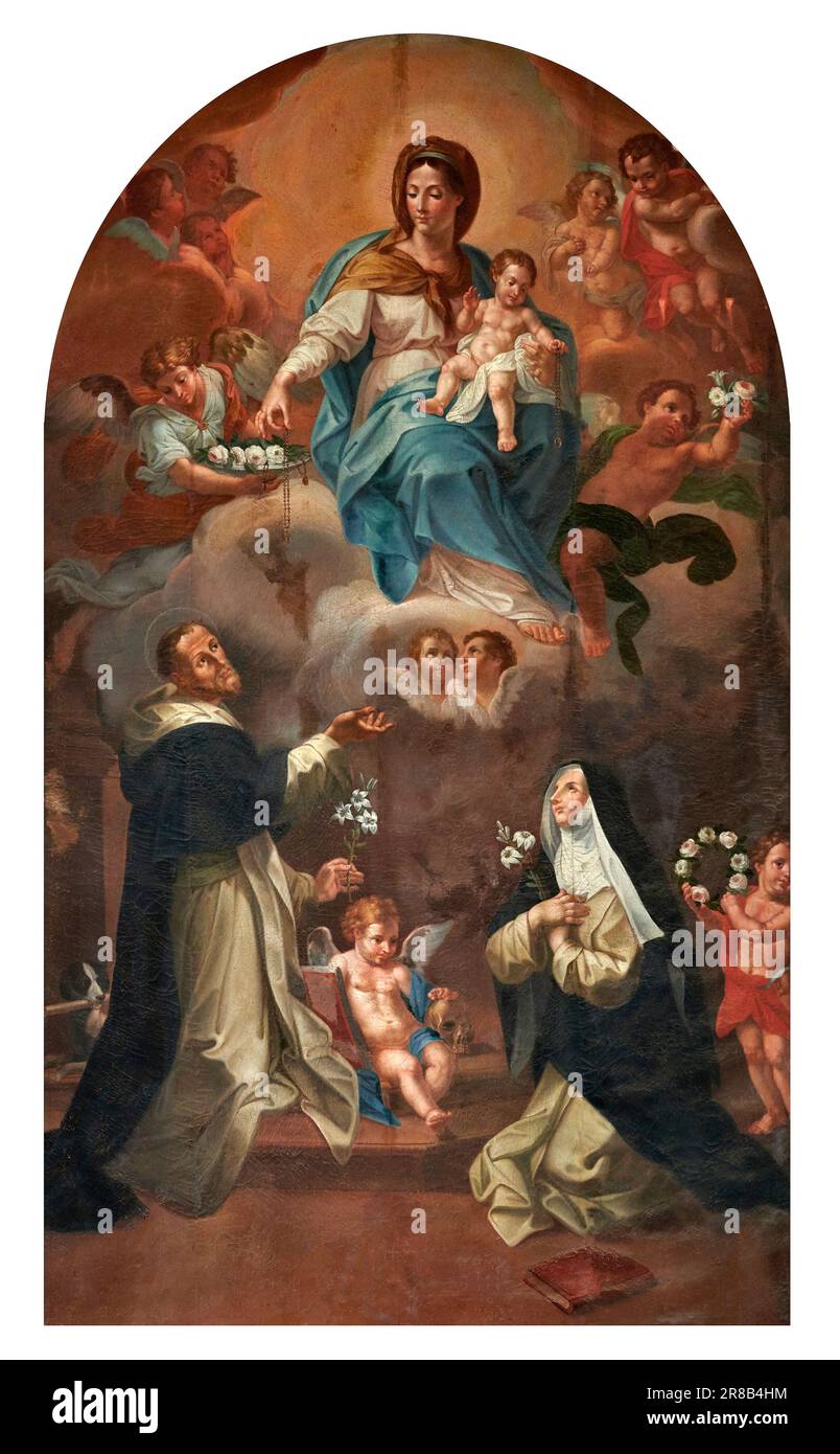 Madonna del Rosario con S. Domenico e S. Caterina da Siena - olio su tela - pittore siciliano del XIX secolo - Riposto (CT) chiesa di S. Pietro Stockfoto