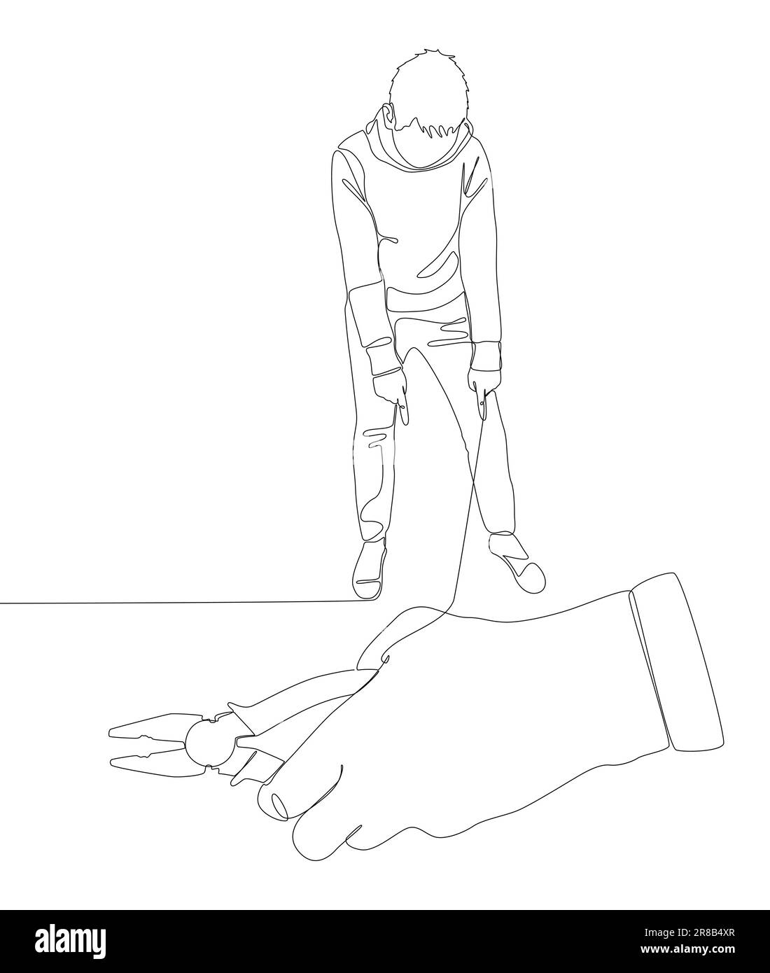 Eine durchgehende Linie von Mann, der mit dem Finger auf Zange und Zange zeigt. Ein Handwerkzeug zum sicheren Halten von Gegenständen. Vektorkonzept zur Darstellung dünner Linien. Co Stock Vektor