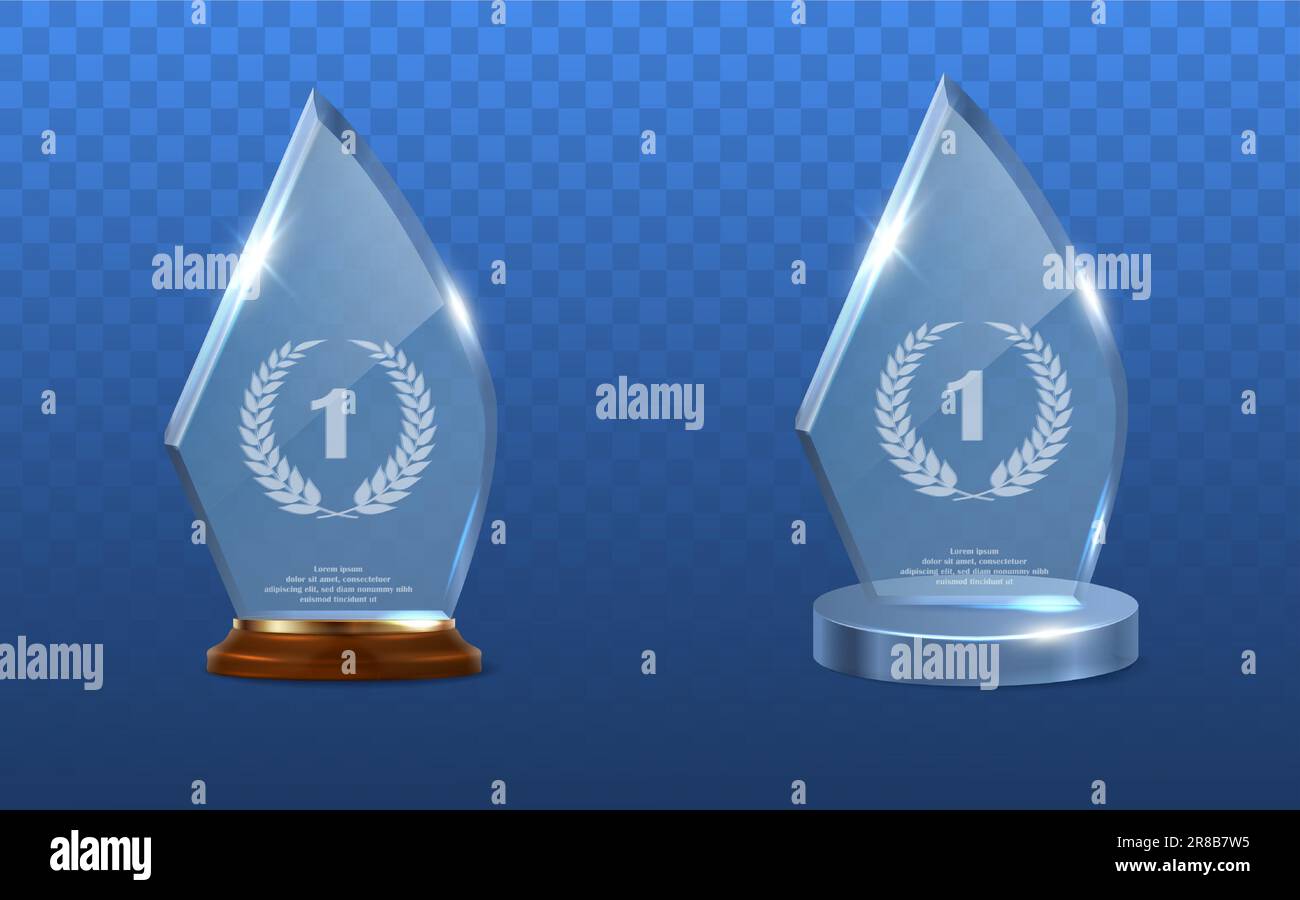 3D-Symbolsatz für realistische Vektoren. Transparente Trophäe aus Glas mit Kristall- und Holzbasis. Stock Vektor