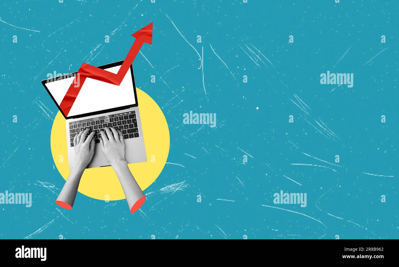 Collage für zeitgenössische Kunst. Konzeptentwurf. Menschliche Hände, die am Laptop arbeiten. Diagramme und Analysen. Der wachsende finanzielle Erfolg des Unternehmens. - Ja, Stimmt Stockfoto