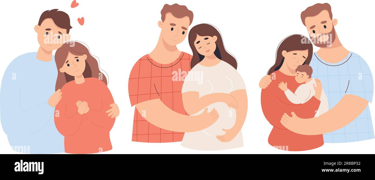 Glückliche Familie. Süßes Paar mit schwangerer Frau und mit neugeborenem Baby an den Händen. Isolieren Sie Vektorabbildungen im flachen Cartoon-Stil. Phase der Familie Stock Vektor