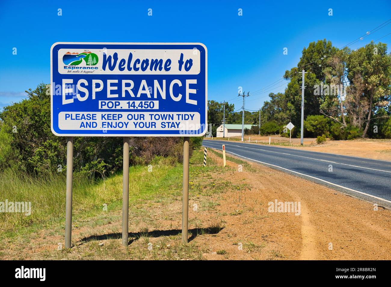Willkommen in Esperance, Westaustralien. Unterschreiben Sie auf der Autobahn Stockfoto