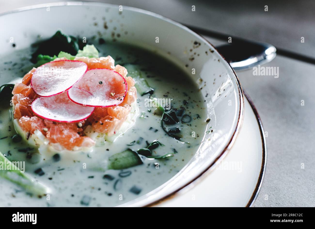 Teller mit kalter Suppe mit Lachs Stockfoto