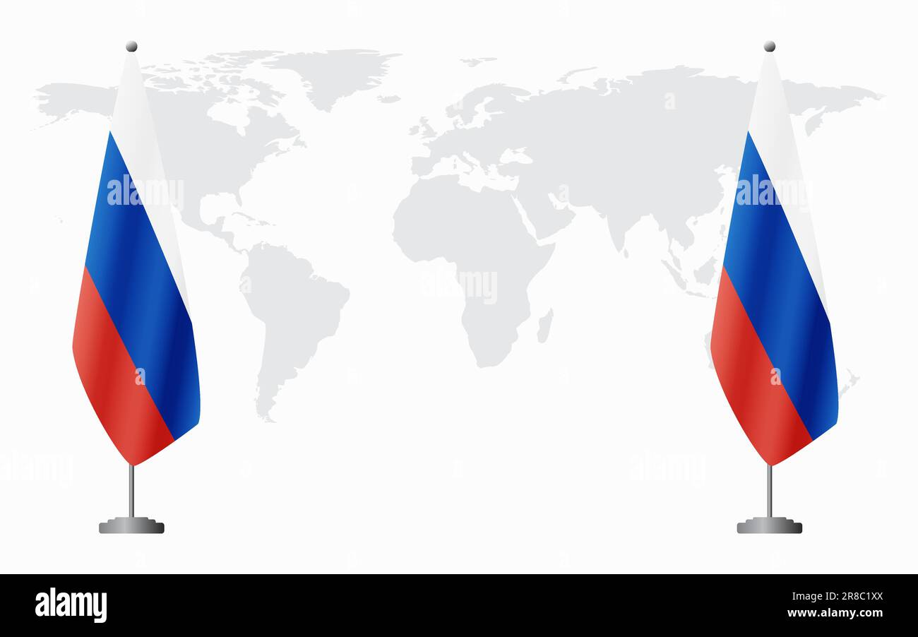 Russland und Russland Flaggen für offizielles Treffen vor dem Hintergrund der Weltkarte. Stock Vektor