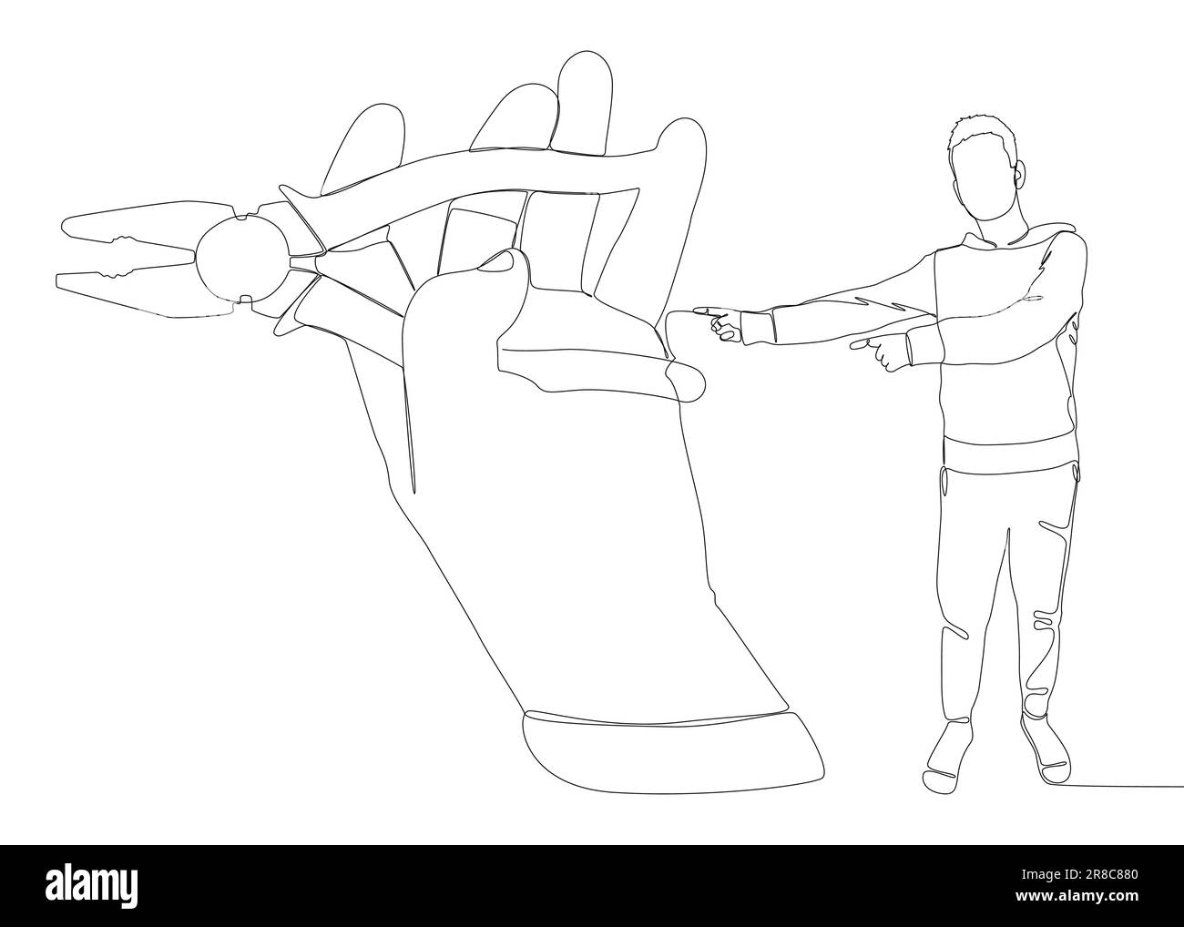 Eine durchgehende Linie von Mann, der mit dem Finger auf Zange und Zange zeigt. Ein Handwerkzeug zum sicheren Halten von Gegenständen. Vektorkonzept zur Darstellung dünner Linien. Co Stock Vektor