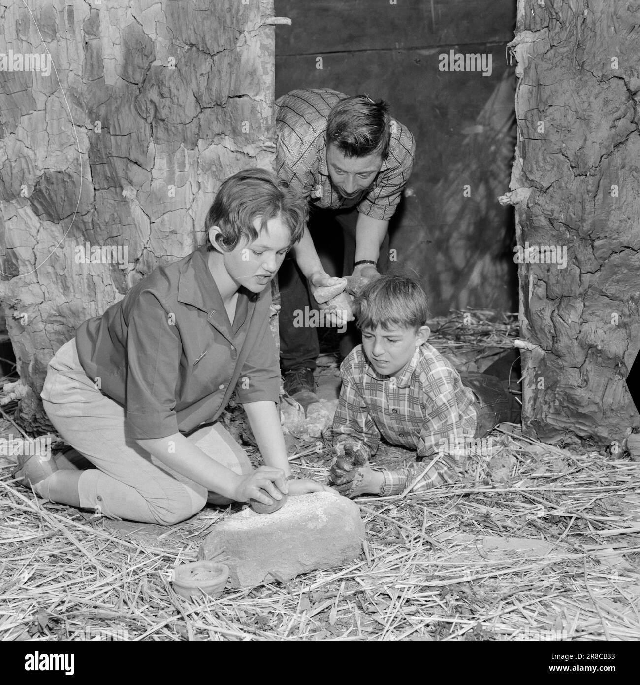 Aktuell 25. 10. 1960: Vor 4000 Jahren hat Roger Johannessen aus Fredrikstad, der in der modernen Zeit Lehrer an der Hvaler ist, keine Zweifel. Er bevorzugt die Steinzeit. Er hatte es noch nie so gut wie die Woche, in der er 4.000 Jahre in die Vergangenheit geschickt wurde. Die 15-jährige Ellen Røed mahlt Getreide, während der 13-jährige Jan Hedberg eine Verschnaufpause aus dem Gebäude nimmt. Big Brother überwacht das alles von der Steinzeittür aus. Foto: Ivar Aaserud / Aktuell / NTB ***FOTO NICHT ABGEBILDET*** Stockfoto