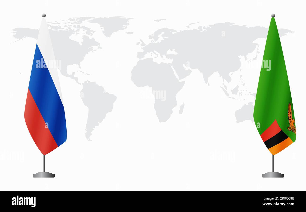 Russland und Sambia Flaggen für offizielles Treffen vor dem Hintergrund der Weltkarte. Stock Vektor