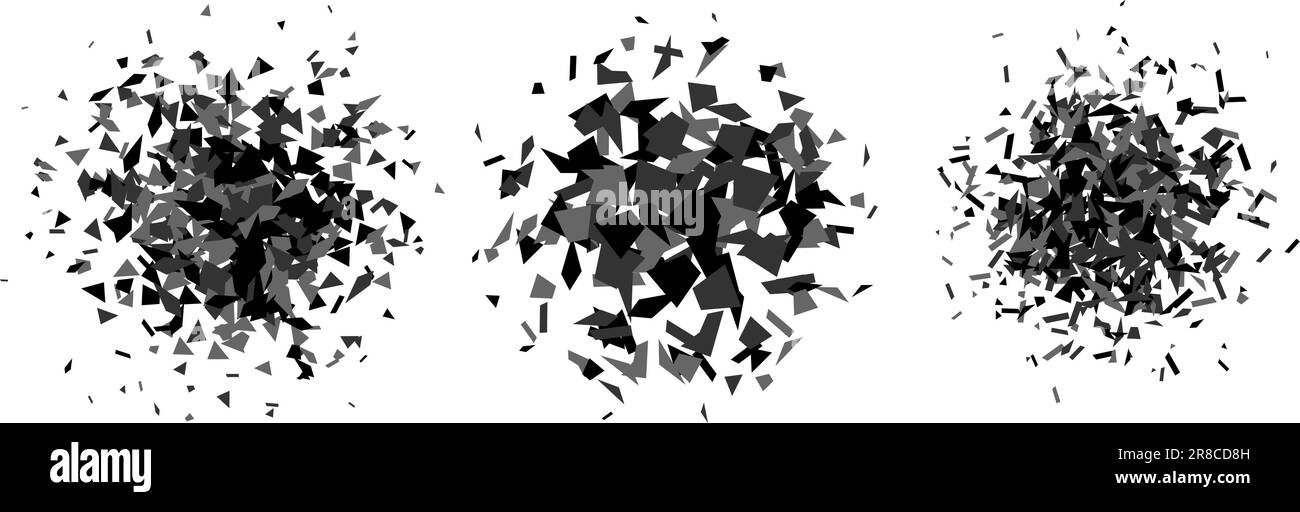 Satz von Ablagerungen und Sprüngen in radialer Form. Schwarze und graue Bruchteile, Flecken, Flecken und Partikel. Abstrakte Explosion und Burst Textured Elements Kollektion. Vektordarstellung Stock Vektor