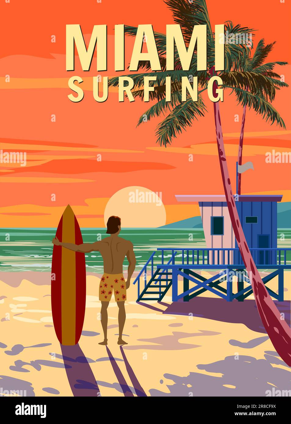 Miami Beach Retro Poster, Surfer mit Surfbrett. Rettungsschwimmhaus am Strand, Palmen, Küste, Surfen, Meer. Vektordarstellung Vintage Stock Vektor