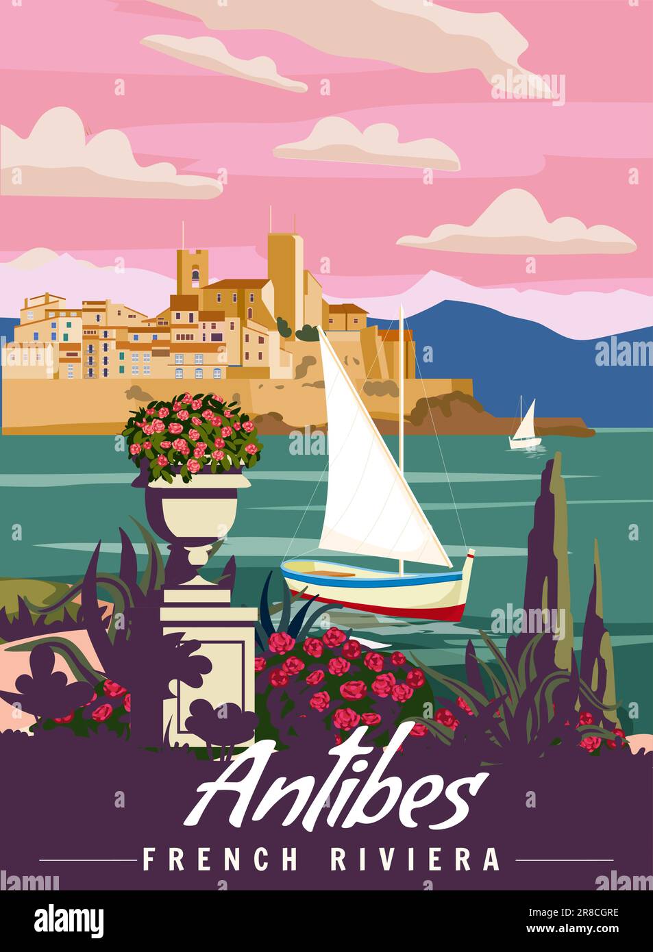 Antibes French Riviera Retro Poster. Blick auf die tropische Küste, Palmen, mediterranes Meer, Seestadt, Segelboot. Stock Vektor