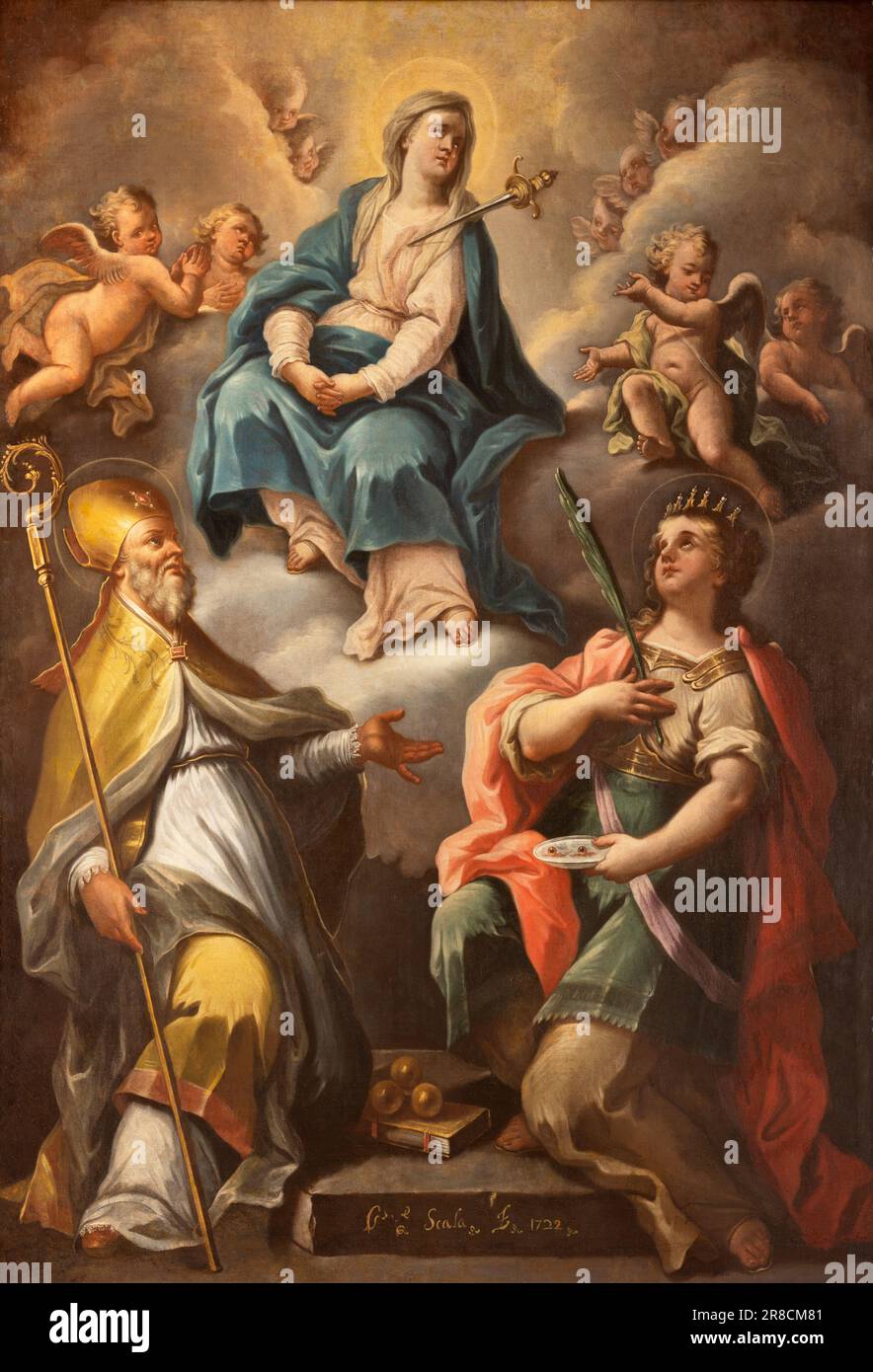 NEAPEL, ITALIEN - 22. APRIL 2023: Das Gemälde der Jungfrau Maria mit der Heiligen Nicholas und Lucia in der Kirche Chiesa della Pieta dei Turchini Stockfoto