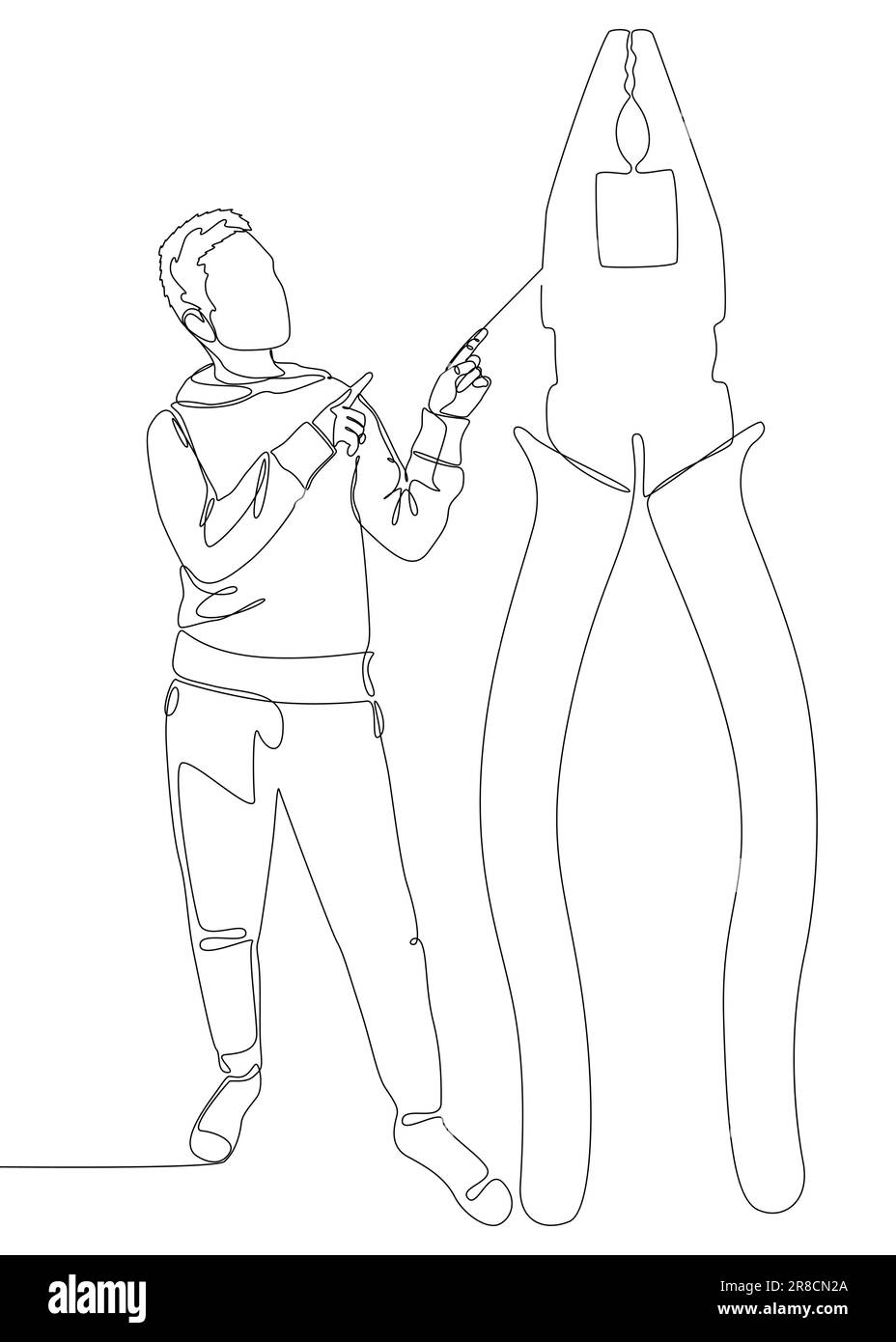 Eine durchgehende Linie von Mann, der mit dem Finger auf Zange und Zange zeigt. Ein Handwerkzeug zum sicheren Halten von Gegenständen. Vektorkonzept zur Darstellung dünner Linien. Co Stock Vektor