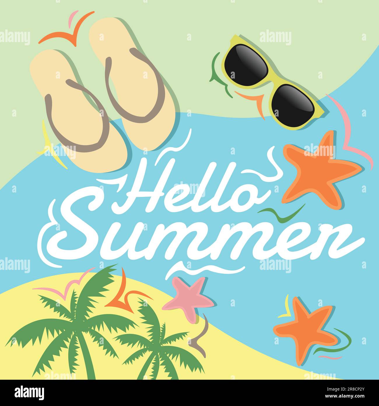 Hallo Sommer-Hintergrunddesign. Infografik zum Sommerstrand-Konzept, Vektor-Illustrator mit Blumen, Palmenblättern und Sommerstrand-Accessoires Stock Vektor