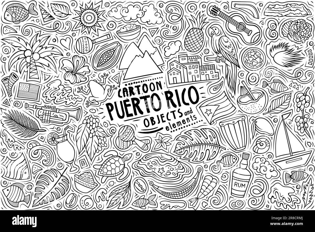 Cartoon-Vektor-Doodle-Set aus TRADITIONELLEN SYMBOLEN, Gegenständen und Objekten PUERTO RICOS Stock Vektor