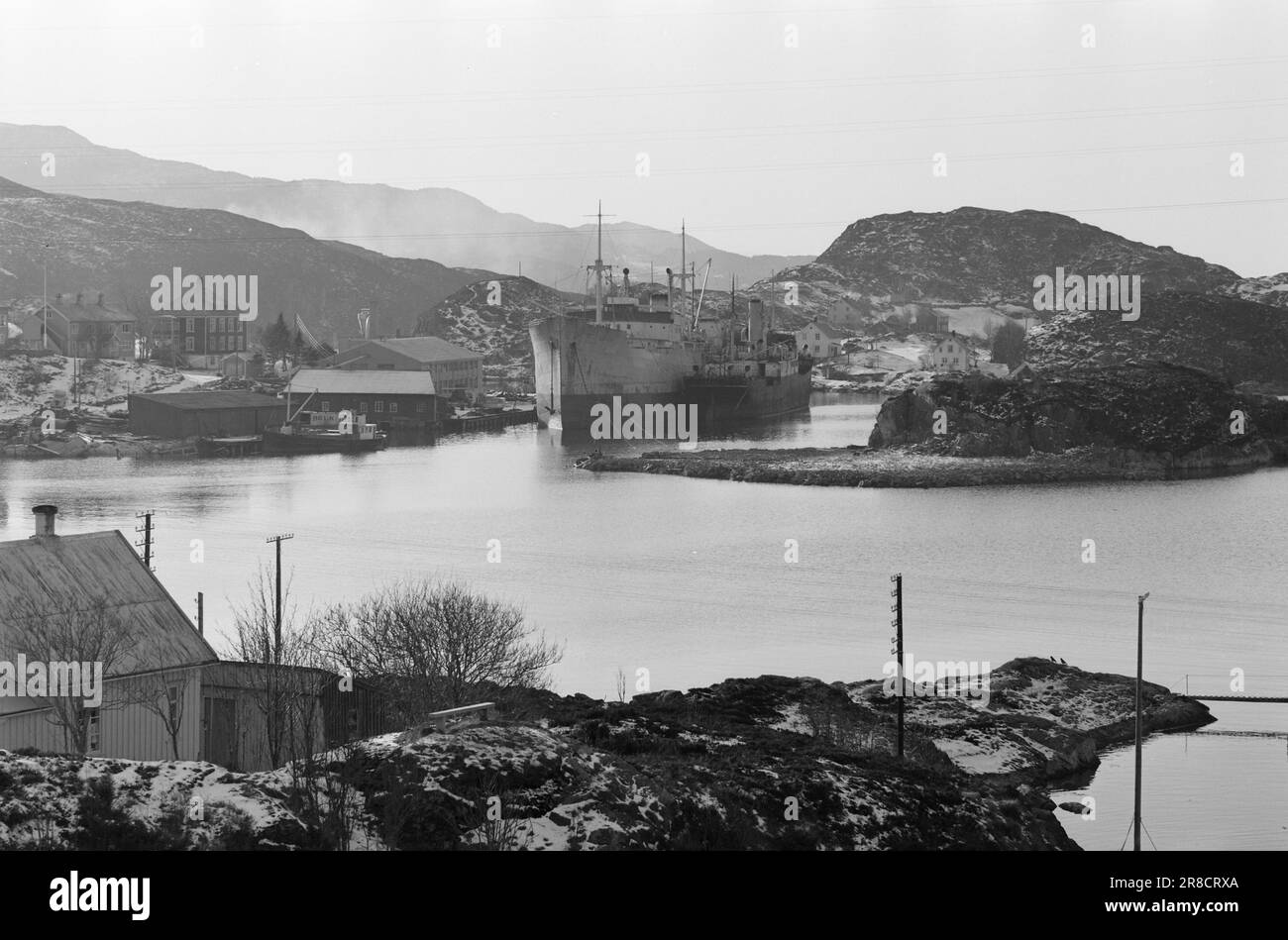 Derzeit 10-9-1960: Schwimmender Sarg Flakke repariert alte Wannen in seiner eigenen Werkstatt, die nicht den professionellen Standards entsprechen. Die Hälfte der derzeitigen Flotte von Flakke am Kai in Flakkes Werkstatt in Rena außerhalb von Kristiansund, der neue (aber 25 Jahre alte) „Orkla“ mit ca. 7.000 Tonnen und „Torpa“ mit 2.500 Tonnen d.w. "Kovda" wurde von der schwedischen Schiffskontrolle beschlagnahmt. "Knoll" ist das einzige Schiff, das Flakke in Betrieb hat. Foto: Sverre A. Børretzen / Aktuell / NTB ***FOTO NICHT IMAGE PROCESSED*** Stockfoto