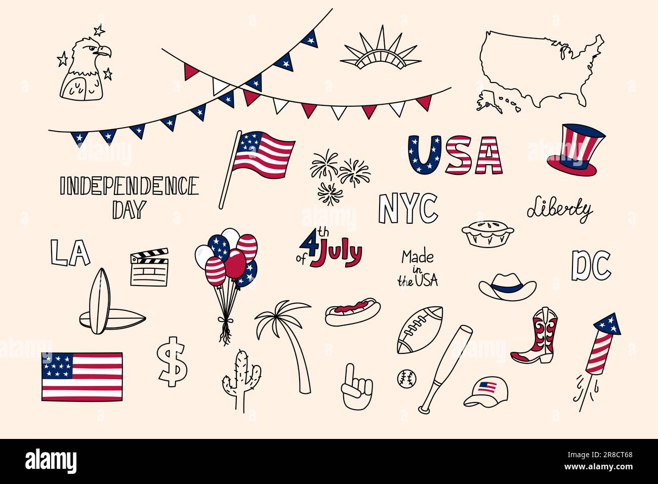 US-Symbole. Vector-Doodle-Set. Designelemente der Vereinigten Staaten von Amerika isoliert. US-Kollektion. Unabhängigkeitstag 4. Juli. Amerikanische Flagge, Adler, Stock Vektor