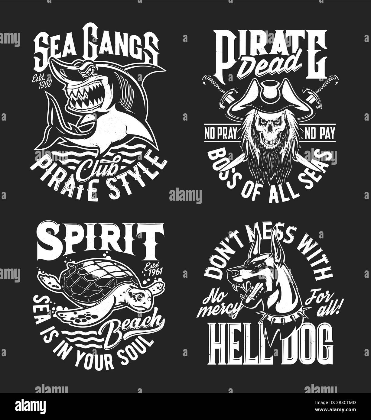 Hai, Schildkröte, Doberman und Pirat Captain Skull Maskottchen und T-Shirt-Muster, Vektorzeichen. Aufdrucke von Sea Gang Sport Club, Marine Adventure Team oder Summer Beach Travel T-Shirts mit Slogans Stock Vektor