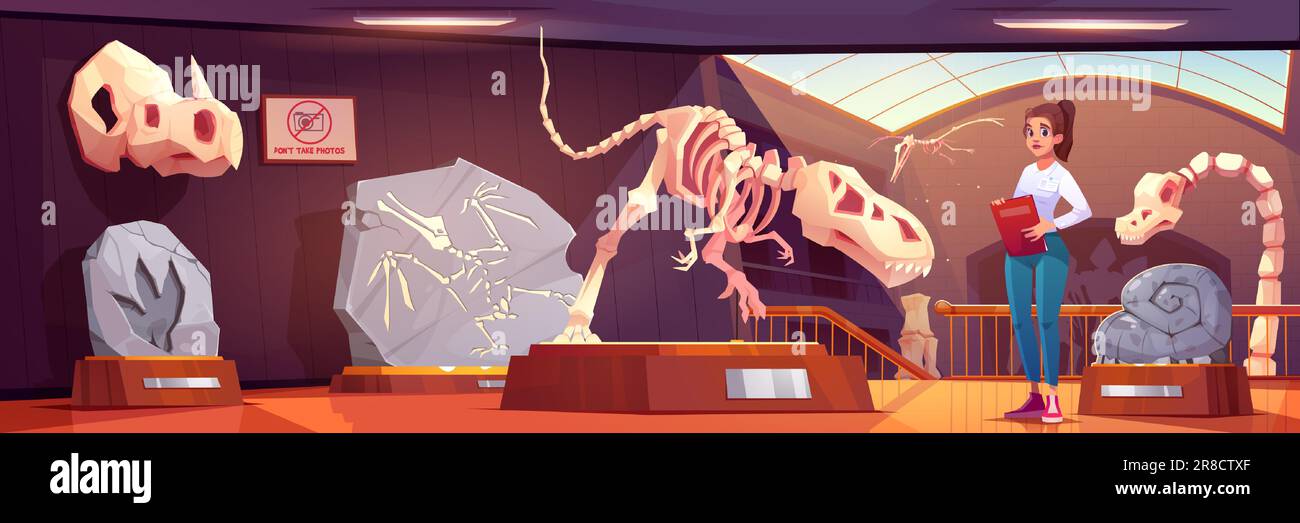Weibliche Reiseleiterin im Museum mit Fossil-Dinosaurier-Cartoon-Vektor. Tyrannosaurus Dino Skelettausstellung über Podest und archäologische Geschichte. Prähistorische Galerie mit jurassic-Tierschädel und Knochen. Stock Vektor