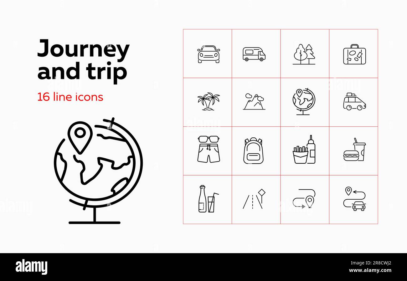 Symbole für Fahrten und Fahrten. Gruppe von Liniensymbolen. Snack, Route, Transport. Abenteuerkonzept. Die Vektordarstellung kann für Themen wie Wandern verwendet werden Stock Vektor