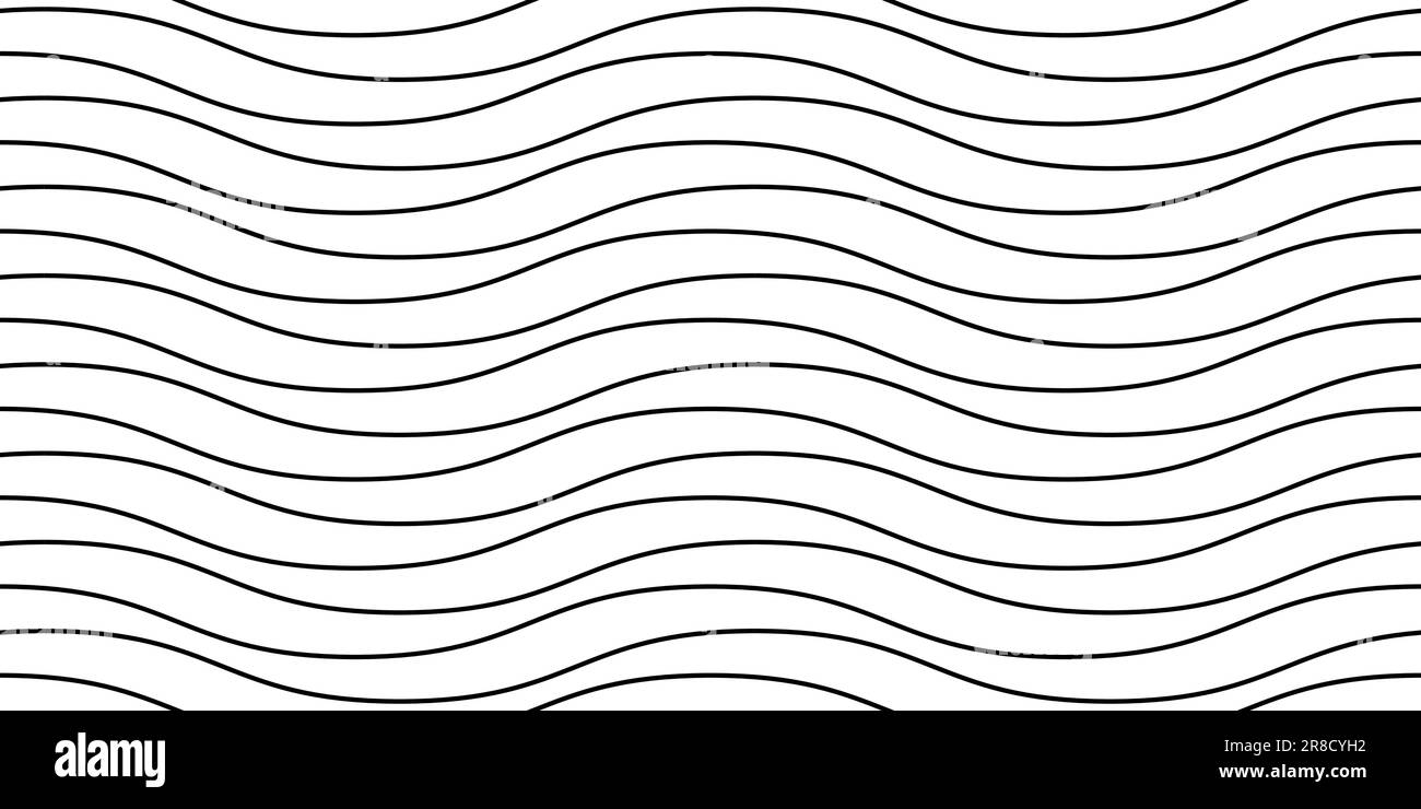 Wellenlinien nahtloses Muster. Wellige Streifen mit sich wiederholendem Hintergrund. Schwarze und weiße horizontale Wellenstruktur. Einfache, gekrümmte, lineare Tapete. Textil- und Stoffmuster-Designvorlage. Vektor Stock Vektor