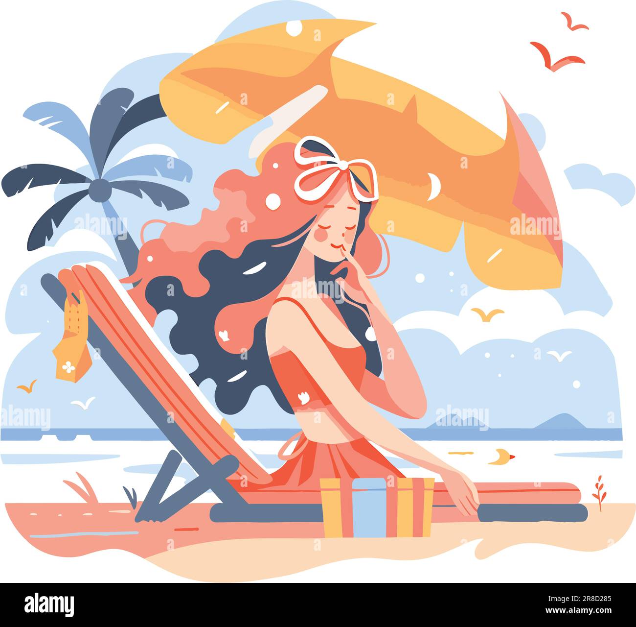 Eine Frau, die sich am Strand mit Sonnenschirm und Palmen entspannt Stock Vektor