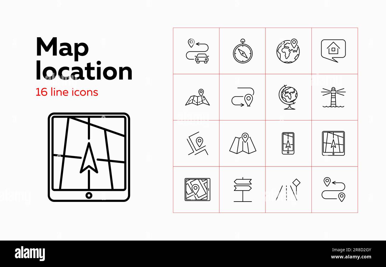 Symbolgruppe für Positionslinien der Karte. Kompass, Richtungsschild, Globus. Navigationskonzept. Kann für Themen wie Route, Reiseplan, gps verwendet werden Stock Vektor