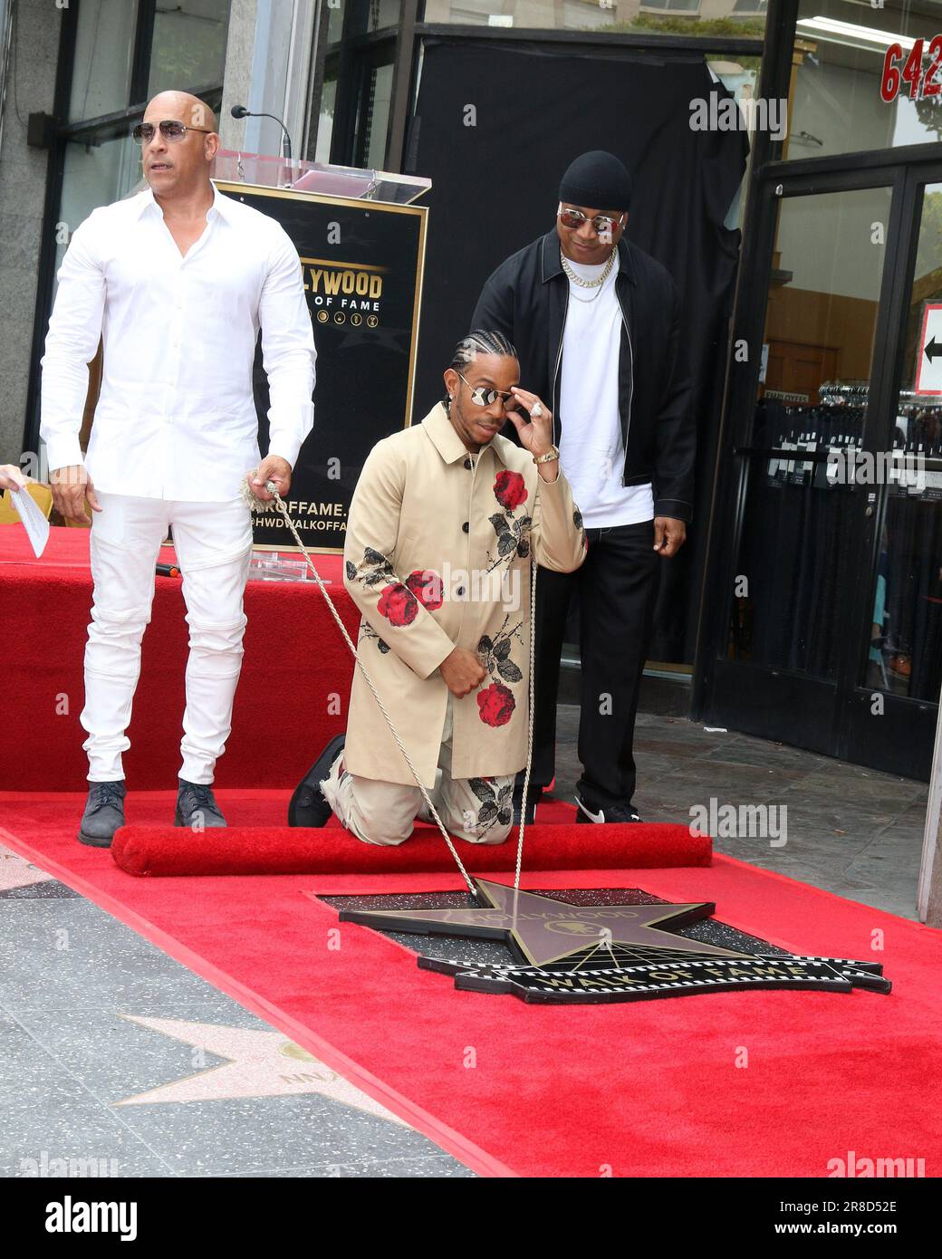 Die Ludacris Star Zeremonie auf dem Hollywood Walk of Fame am 18. Mai 2023 in Los Angeles, Kalifornien, mit Vin Diesel, Chris Bridges alias Ludacris, LL Cool J wo: Los Angeles, Kalifornien, USA, wenn: 18. Mai 2023 Gutschrift: Nicky Nelson/WENN Stockfoto