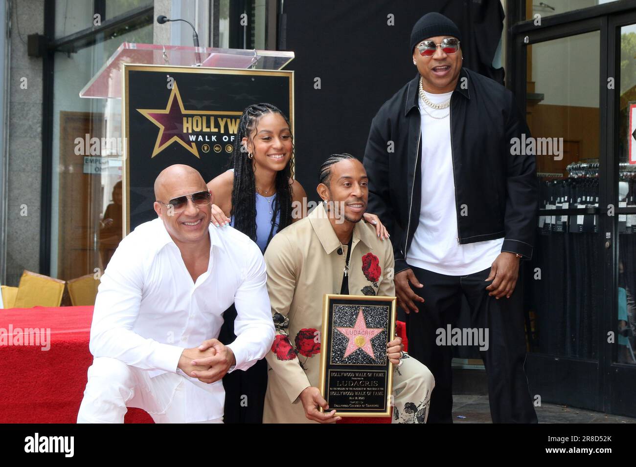 Ludacris Star Ceremony auf dem Hollywood Walk of Fame am 18. Mai 2023 in Los Angeles, Kalifornien, mit Vin Diesel, Karma Bridges, Chris Bridges alias Ludacris, LL Cool J wo: Los Angeles, Kalifornien, USA, wenn: 18. Mai 2023 Gutschrift: Nicky Nelson/WENN Stockfoto