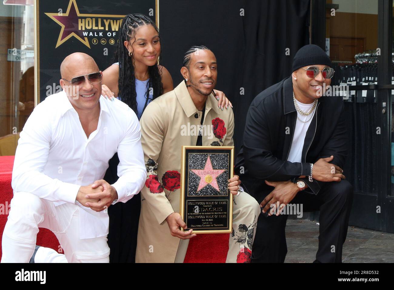 Ludacris Star Ceremony auf dem Hollywood Walk of Fame am 18. Mai 2023 in Los Angeles, Kalifornien, mit Vin Diesel, Karma Bridges, Chris Bridges alias Ludacris, LL Cool J wo: Los Angeles, Kalifornien, USA, wenn: 18. Mai 2023 Gutschrift: Nicky Nelson/WENN Stockfoto