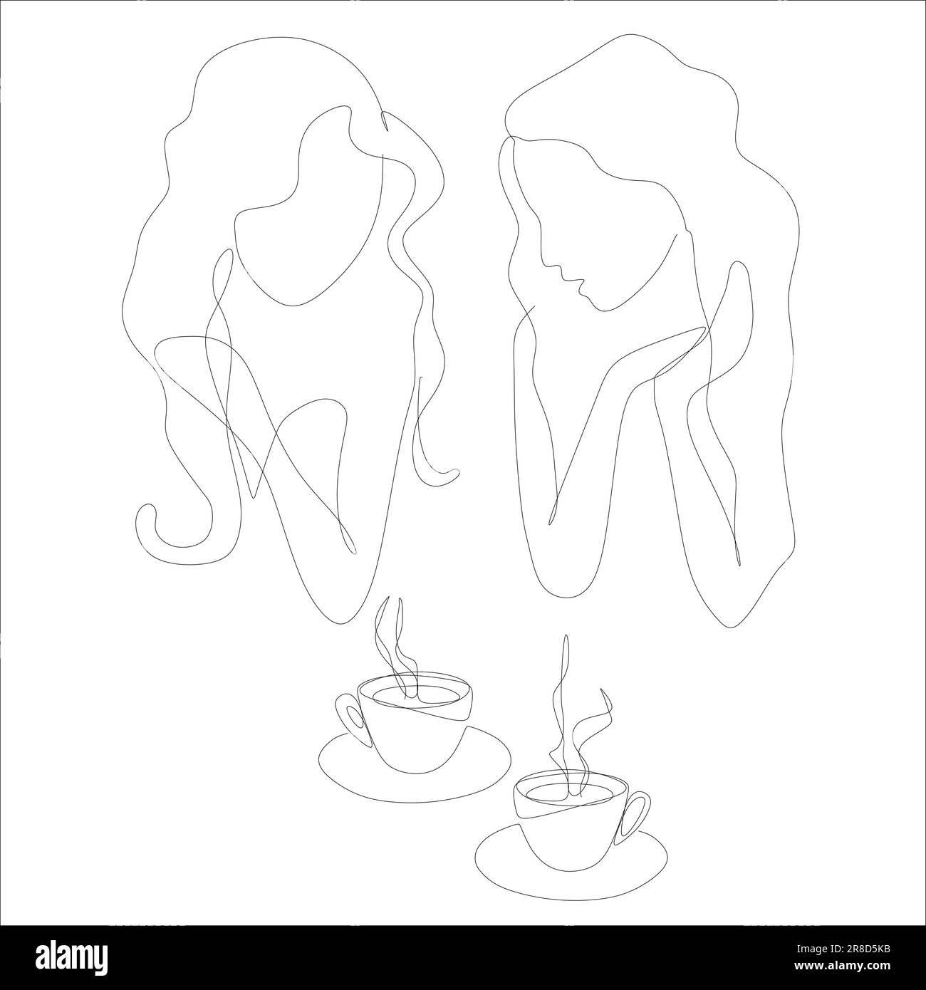 Zwei Mädchen, die sich mit einer Tasse Kaffee unterhalten, lineart-Vektordarstellung. Von Hand gezeichneter Vektor mit durchgehender Linie für T-Shirt, Design, Karte, Poster. Stock Vektor