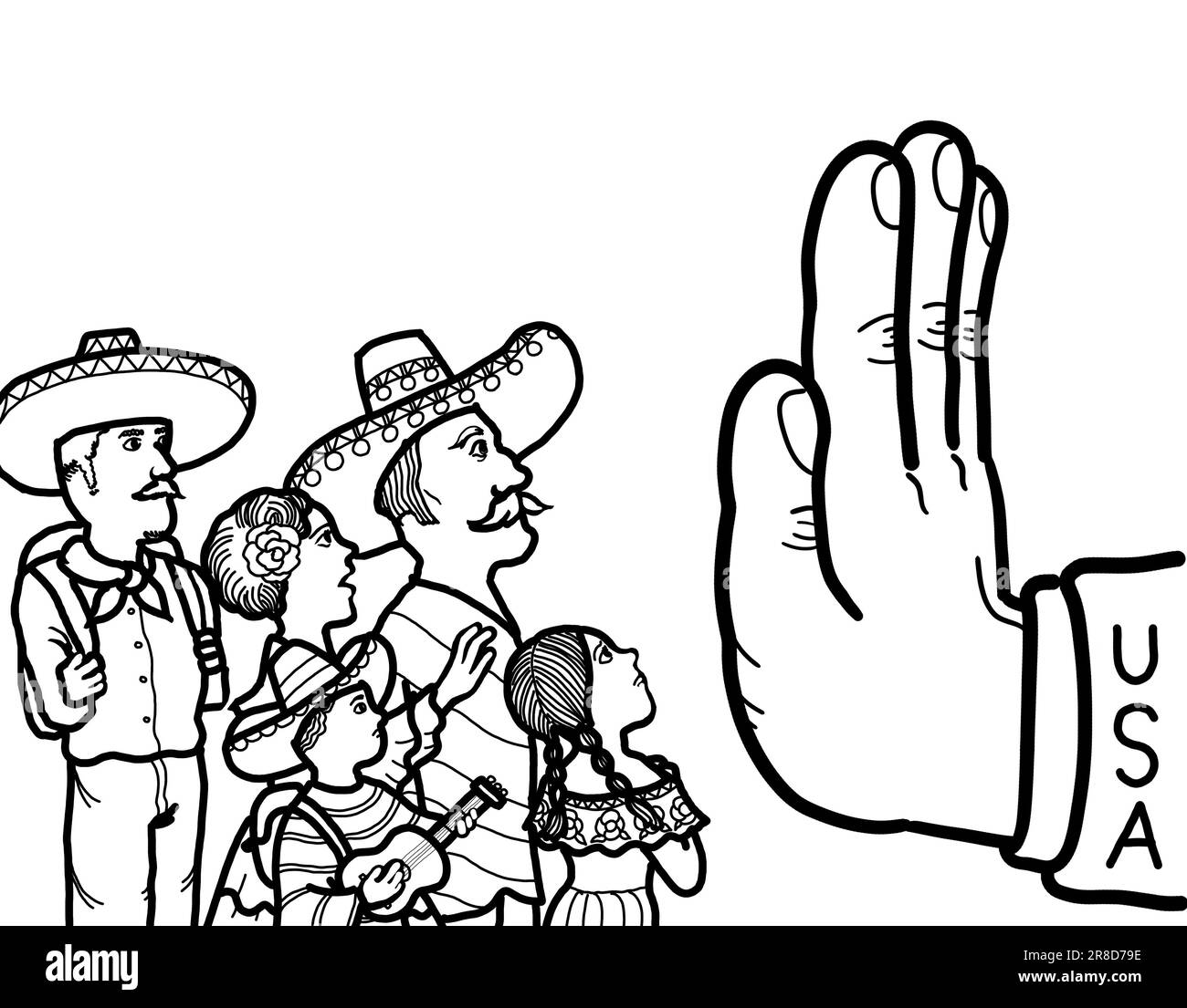 Eine Hand symbolisiert die Verhinderung der illegalen Einwanderung Mexikos, der Einreise von Flüchtlingen und Asylbewerbern in das Land. Stockfoto
