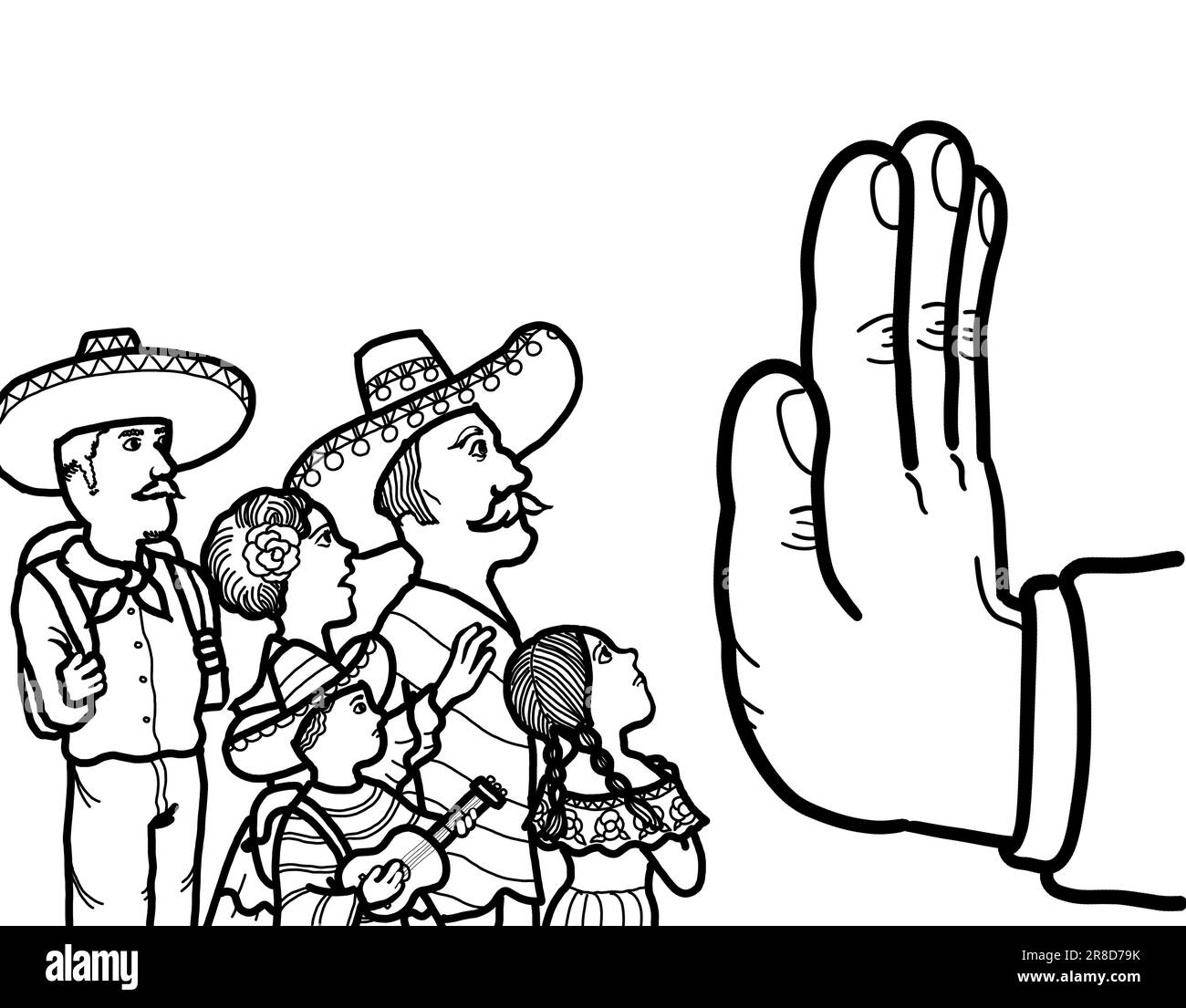 Eine Hand symbolisiert die Verhinderung der illegalen Einwanderung Mexikos, der Einreise von Flüchtlingen und Asylbewerbern in das Land. Stockfoto
